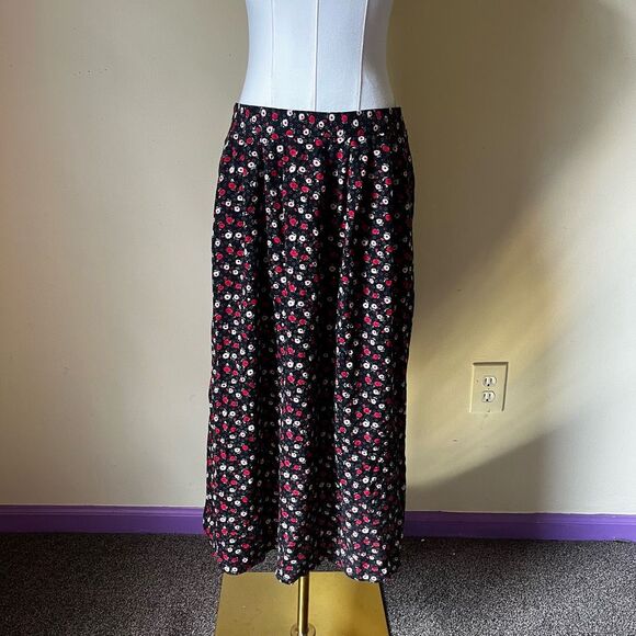 Vintage 90s Black Floral Midi Skirt Elastic Waist W/ Pockets Made in USA Medium - Picture 1 of 6